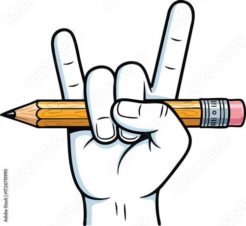 A hand making the rock and roll sign while holding a pencil, symbolizing creativity, music, and artistic expression in a unique way