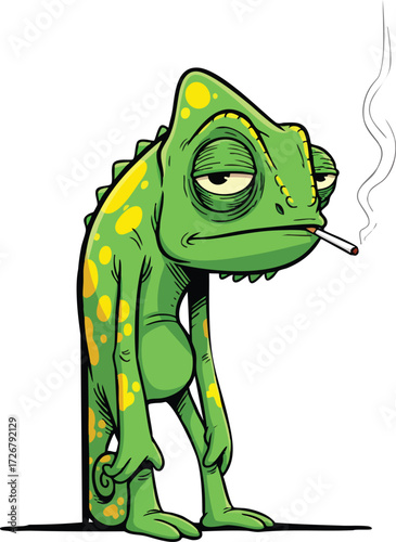 A cartoon chameleon with a cigarette, exuding a sense of relaxation and nonchalance, depicted with vibrant colors and intricate details