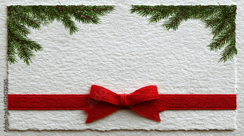 Festive greeting card design featuring textured white paper, adorned with green pine branches and a vibrant red ribbon, perfect for holiday celebrations and seasonal greetings