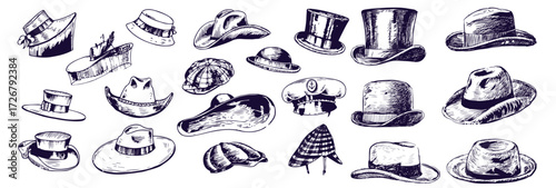 Summer Hats vintage collection for elegant men,woman, female and ladies. Fedora Derby Deerstalker Homburg Bowler Straw Beret Captain Cowboy Porkpie Boater. Retro fashion set. English style. Hand drawn