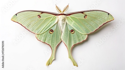 Luna Moth with pale green wings and long delicate tails isolated on a clean white studio background, sharp focus, and professional studio lighting