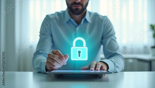 A professional businessman in a blue shirt secures company data on his tablet, with a glowing padlock icon symbolizing cybersecurity and privacy