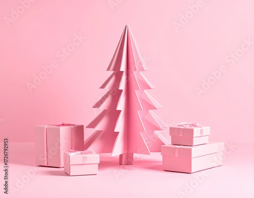 Pink Christmas tree and presents on a pink background