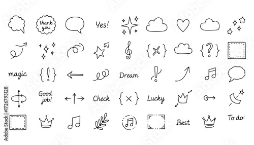 Vector art of collection of handdrawn doodle icons and symbols, including speech bubbles, stars, hearts, clouds, music notes, crowns, and arrows