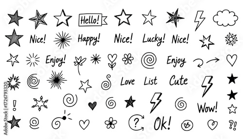 Vector art of collection of handdrawn doodle elements including stars, hearts, clouds, lightning bolts, flowers, question marks, and more