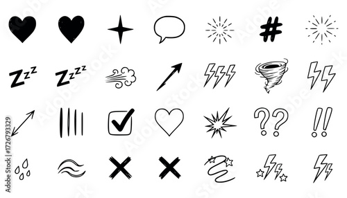 Vector art of collection of handdrawn icons and symbols, including hearts, weather elements, checkmarks, and question marks