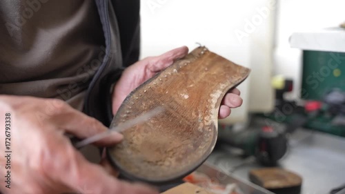 Old shoe master renews the soles of old shoes close up with knife