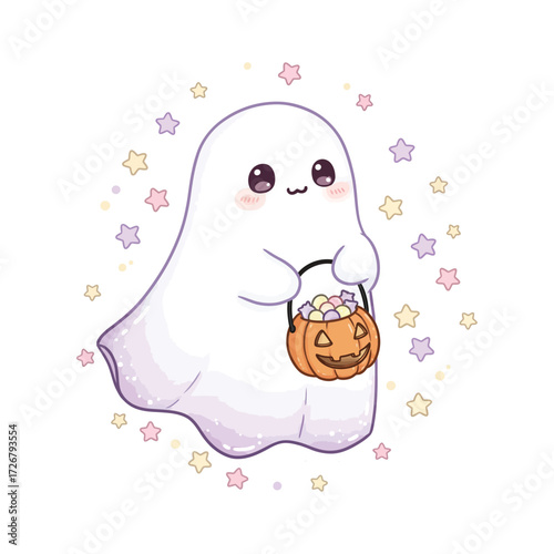 A cute kawaii ghost trick-or-treating with a jack-o'-lantern candy bucket surrounded by pastel stars.