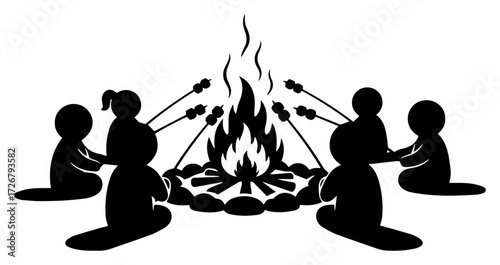 Happy campers roasting marshmallows around crackling campfire – family outdoor adventure silhouette illustration