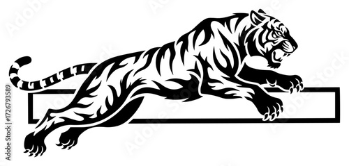 Fierce tiger leap over rectangular frame – powerful wild cat logo vector design