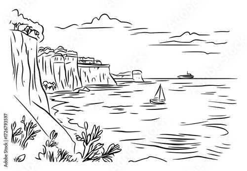 Dramatic seaside cliffs topped by whitewashed village overlooking sailboats and cruise ship – scenic Mediterranean coast sketch illustration