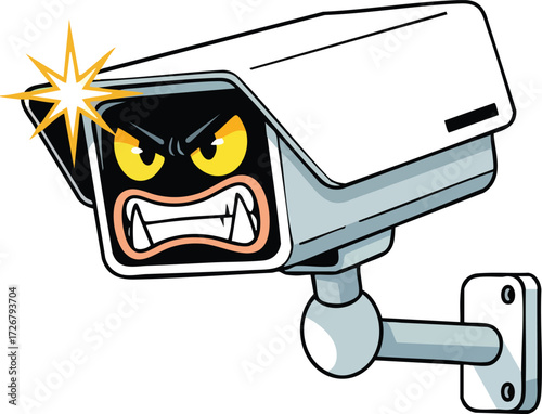 A cartoon illustration of an angry security camera with a menacing face and glowing eyes, symbolizing surveillance and privacy concerns in a digital world