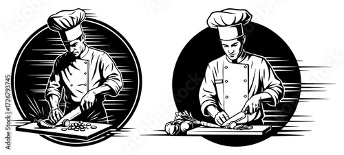Vintage master chefs slicing gourmet meat in dynamic engraving style – classic restaurant cook emblem illustration