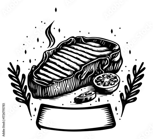 Juicy grilled steak with herbs, lemon and blank ribbon for text – vintage butcher meat label engraving illustration
