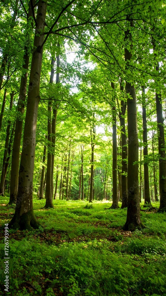 Obraz premium Lush forest canopy with sunlight filtering through