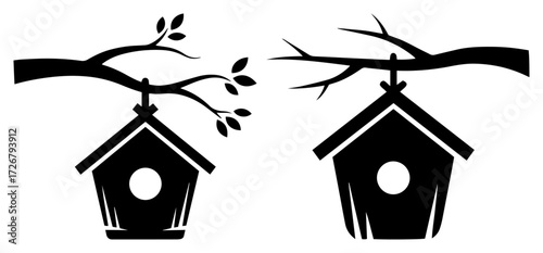 Pair of hanging birdhouses on leafy tree branches silhouette – charming garden wildlife feeder icon illustration