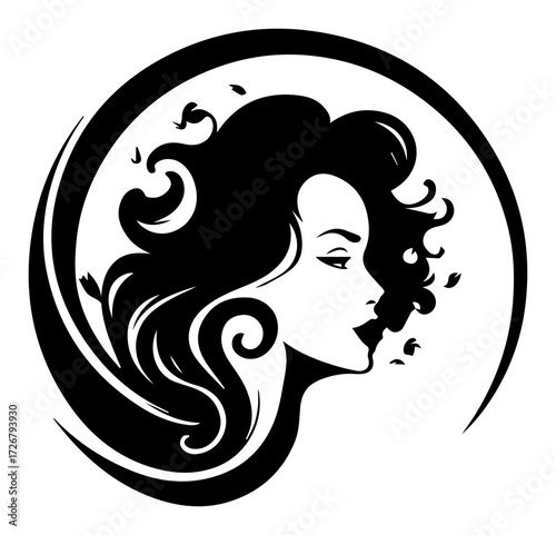 Elegant beauty salon logo with female profile and flowing hair framed by circular swoosh – chic cosmetics brand emblem vector