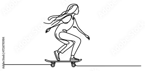 One-line girl riding skateboard with hair streaming back – dynamic continuous-line teen skating icon illustration