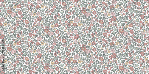 Fototapeta Naklejka Na Ścianę i Meble -  Seamless ditsy floral pattern with small delicate flowers on a white background. Vintage cottagecore print for fabric and wallpaper. Liberty style summer flower vector illustration.