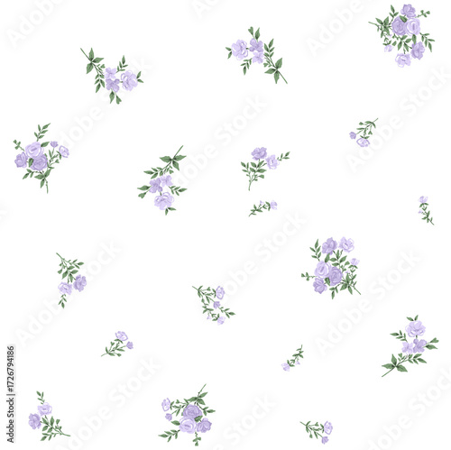 Seamless floral pattern with scattered bouquets of delicate purple roses. Minimalist botanical background for elegant fabric or wallpaper. Ditsy lavender flower print.