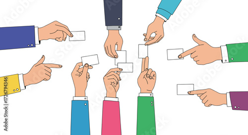 Multiple hands in colorful sleeves hold and point to blank white cards, suggesting teamwork, choices, or decisions.