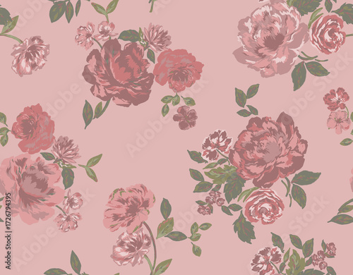 Vintage floral seamless pattern with large painterly pink roses and peonies. Romantic shabby chic botanical background for fabric and wallpaper. Dusty rose flower illustration.