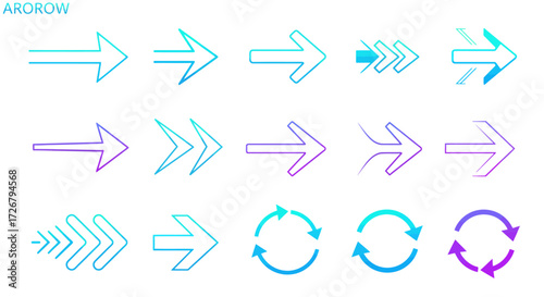 Collection of fifteen gradient outline arrow icons pointing right and circular, in blue and purple hues, on a white background.