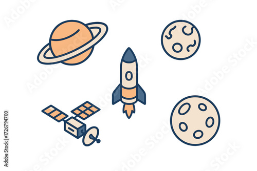 Set of space exploration icons featuring planets, rocket, satellite, and celestial bodies in a clean style