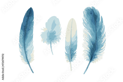 Delicate blue and white bird feathers in various shapes and sizes, soft and ethereal on a clean background