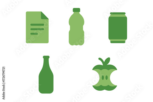 Green symbols for diverse waste categories promoting recycling and environmental protection