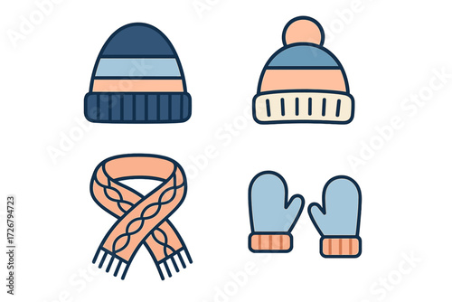 Assortment of warm winter clothing accessories featuring knitted hats, a cozy scarf, and mittens, perfect for cold weather protection