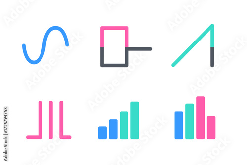 Contemporary design elements including abstract wave lines, bar graphs, and geometric shapes for data and progress representation