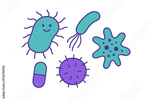 Diverse set of microscopic organisms including bacteria, viruses, amoeba, and a medical capsule for health and science concepts