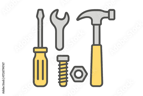 Assortment of essential hand tools for repair and construction including hammer screwdriver wrench and fasteners