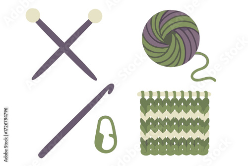 Knitting and crochet tools with yarn ball and knitted fabric swatch for handmade craft projects and hobby activities