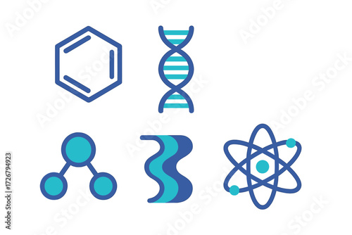 Modern representation of fundamental scientific and biological concepts with DNA, atom, and molecular structures