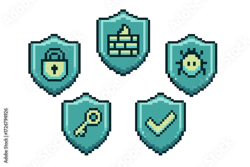 Collection of pixel art security shield icons representing digital protection, online safety, and data privacy