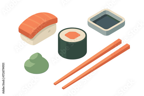 Delicious isometric sushi set featuring nigiri maki wasabi soy sauce and traditional chopsticks