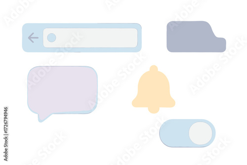 Soft pastel user interface elements for modern app and web design, featuring search bar, chat bubble, notification bell, and toggle switch