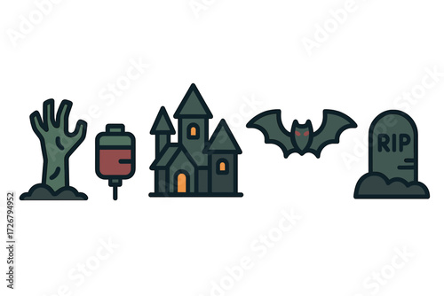 Collection of spooky Halloween icons featuring a zombie hand, haunted castle, flying bat, blood bag, and tombstone