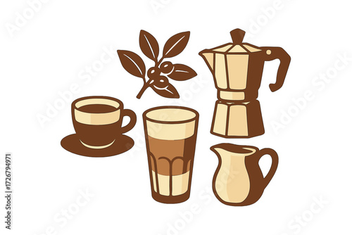 Collection of coffee making elements including moka pot, espresso cup, latte glass, milk pitcher, and fresh coffee beans