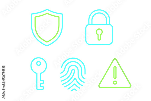 Cyber security and data protection concept icons including shield padlock key fingerprint and warning sign