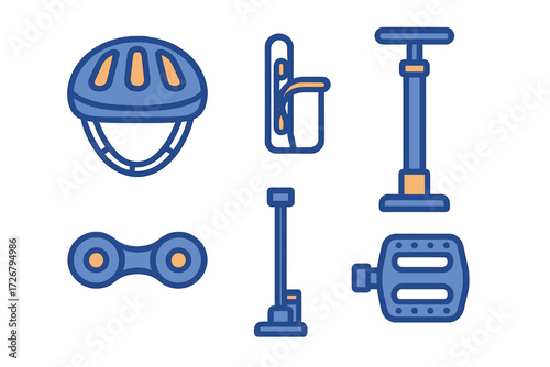 Essential bicycle accessories including helmet, air pump, pedal, chain link, and water bottle holder