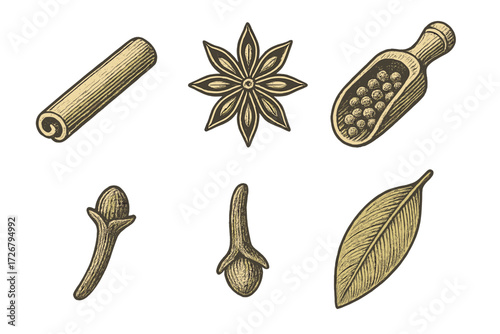 Aromatic culinary spices and dried herbs including cinnamon, star anise, cloves, bay leaf, and peppercorns