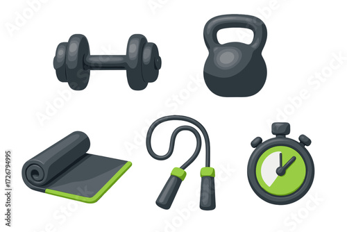 Gym and workout equipment set with dumbbell, kettlebell, yoga mat, jump rope, and stopwatch for fitness training