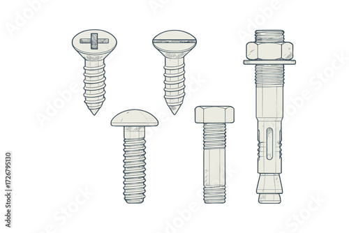 Various metal fasteners: screws, bolts, and wall anchors for construction and home improvement