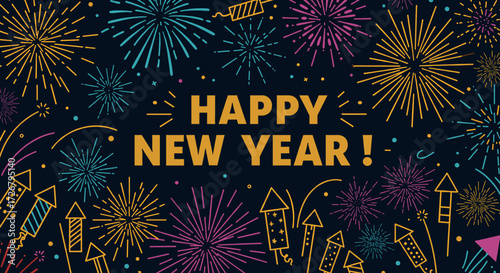 Colorful fireworks with "Happy New Year!" text in festive design  