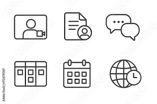 Essential line icons for digital communication, online meetings, task management, and global scheduling, representing modern business and remote work concepts