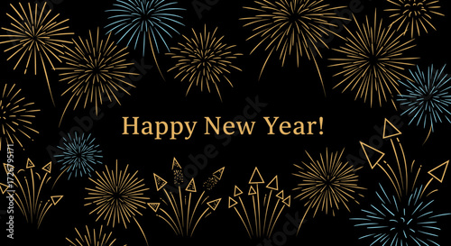 New Year celebration with fireworks and text on black background  