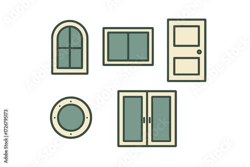 Architectural building elements assortment with various window styles, a classic door, and a unique round porthole